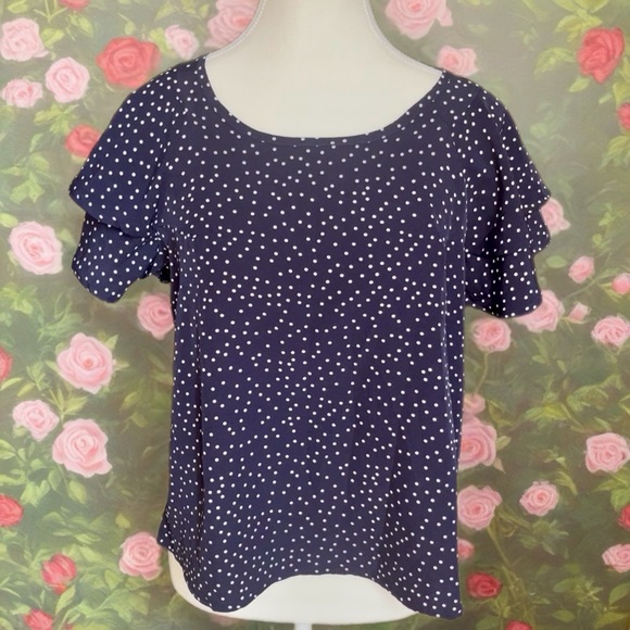 Navy Polka Dot Ruffle Sleeve Top - Picture 2 of 7